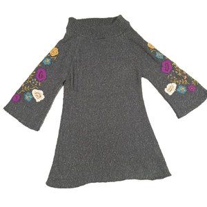 Soft Surroundings Embroidered Sweater Tunic Carolina Floral Gray Bell Sleeves XS